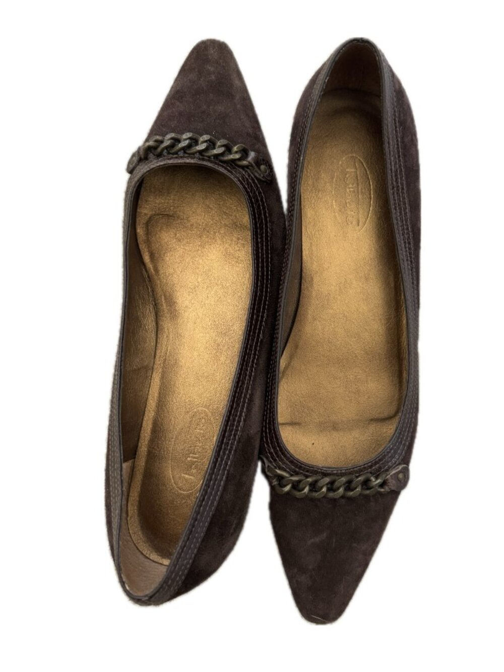 Talbots chocolate suede ballet low heel Sz 9.5 shoes with chain vamp